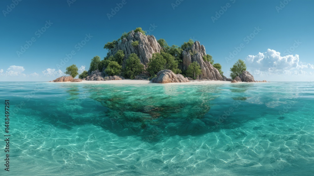 Fototapeta premium Stunning turquoise ocean with a small island, rocks, trees and a clear blue sky.
