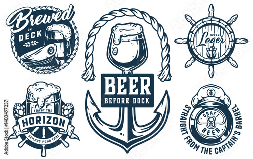 Vintage monochrome nautical beer emblems are showing brewing elements like mugs, Glasses, Hops, Anchor, Captain's hat. Helm. Barrel and ropes, for brewery or pub with seafaring theme