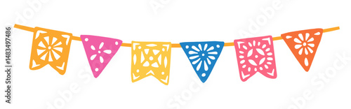 Colorful papel picado garland banner. Taditional Mexican decorative party flags, bunting. Cinco de Mayo, fiestas,or Day of  Dead Dia de Muertos celebrations. Flat vector isolated on white background.