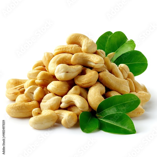 A pile of cashew nuts is presented with a few green leaves, all isolated on a clean white background