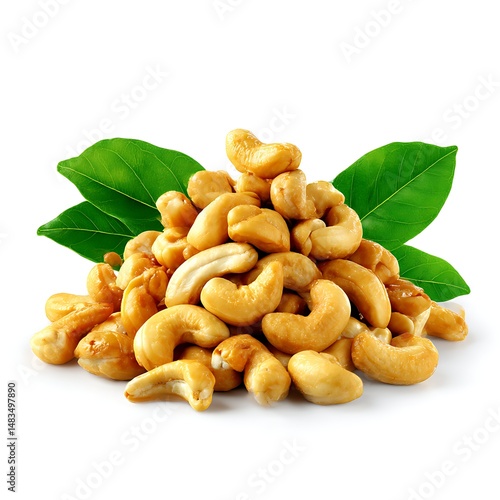 A pile of cashew nuts is presented with a few green leaves, all isolated on a clean white background