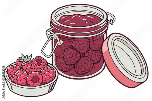 119 glass jar, raspberry, canned, preserves, fresh, fruit, close-up, studio shot, high-resolution, detailed, vibrant colors, glossy, smooth texture