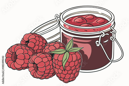 119 glass jar, raspberry, canned, preserves, fresh, fruit, close-up, studio shot, high-resolution, detailed, vibrant colors, glossy, smooth texture