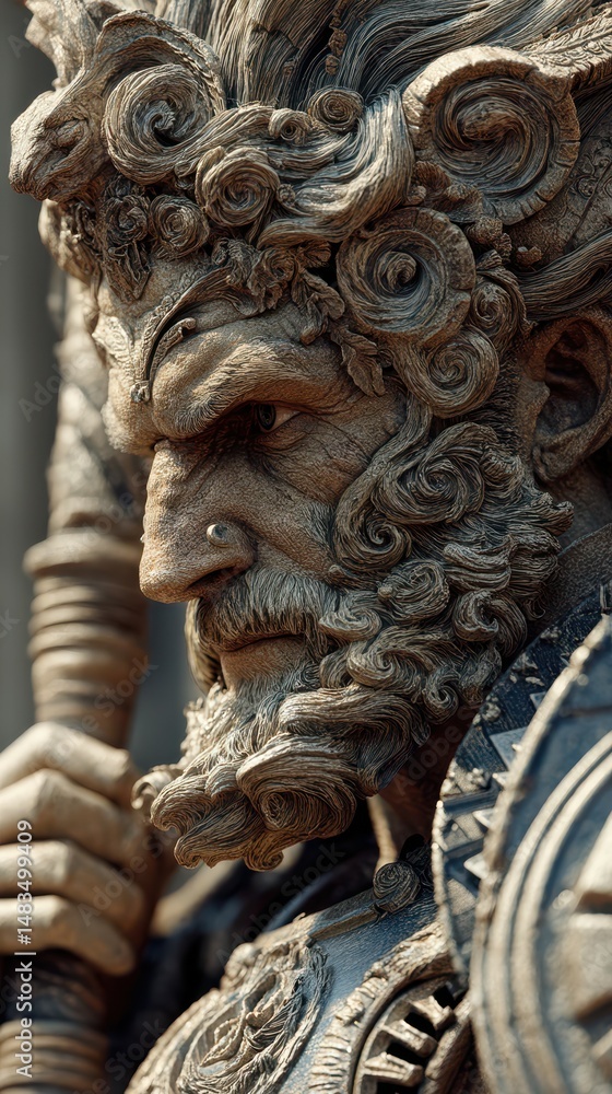 Detailed sculpture depicting an ancient warrior with intricate beard and ornate features in a historical setting Detailed sculpture depicting an ancient warrior with intricate beard and ornate features in a historical setting