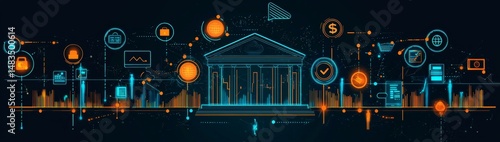 An artistic depiction of financial technology services and connections.