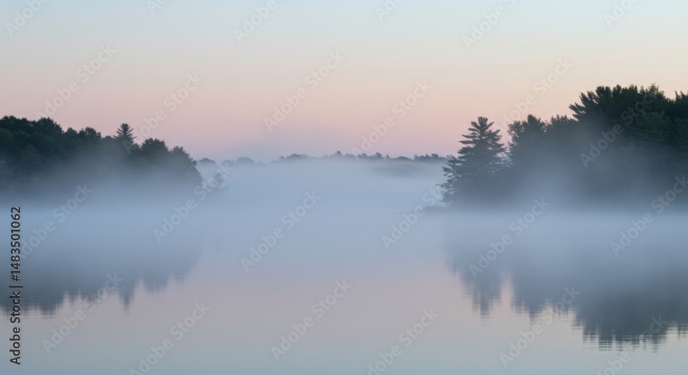 Fototapeta premium Misty Lake Sunrise with Pastel Sky and Trees