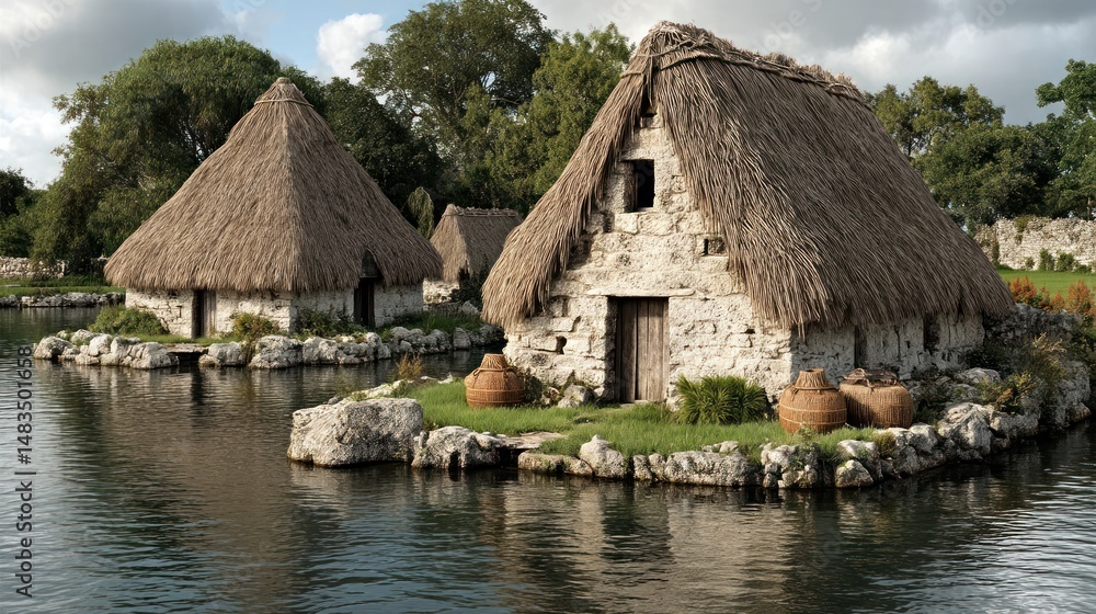Rustic stone huts on water island Rustic stone huts on water island