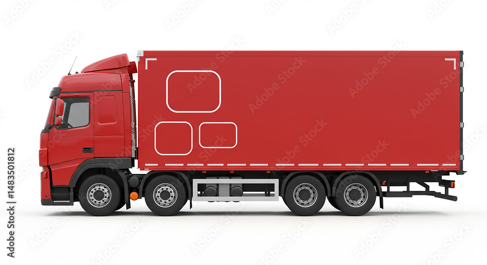 A side view of a red semi truck with a trailer on a white background in a studio shot setting A side view of a red semi truck with a trailer on a white background in a studio shot setting