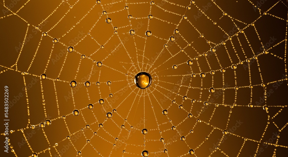 Obraz premium Delicate golden spiderweb with water droplets