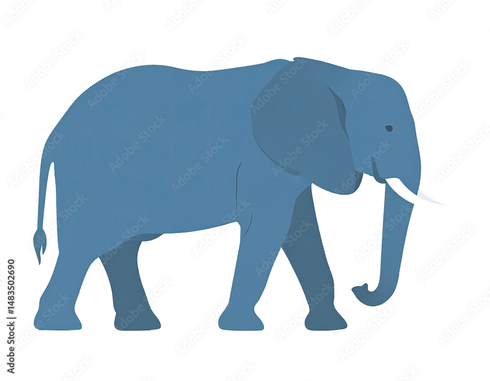Obraz premium A side profile of a stylized blue elephant walking with white tusks against a black background. This graphic showcases the elephant's large ears, trunk, and detailed legs.