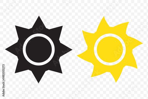 Sun vector set of six in yellow color on white background. Sun simple icons collection. Yellow sun icon set, sunshine and solar glow, sunrise or sunset. Vector illustration. EPS 10.