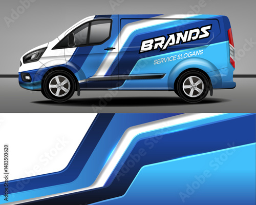 Delivery van vector design. Car sticker. Car design development for company. White background with blue stripes for vinyl car sticker.