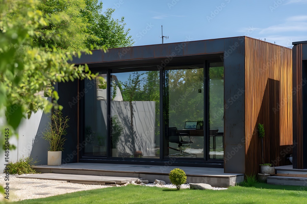 Home office with a exterior captured in natural daylight, showing modern architecture, detailed textures, and clean surroundings. Home office with a exterior captured in natural daylight, showing modern architecture, detailed textures, and clean surroundings.