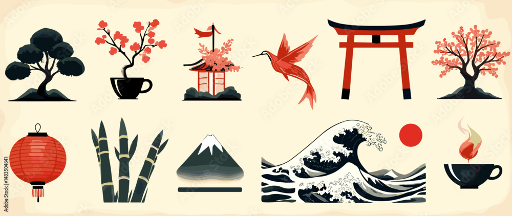 Naklejka premium Japanese cultural illustration set featuring bonsai, cherry blossoms, Torii gate, wave, Mount Fuji, tea cups, lantern, bamboo, and bird in traditional ink style 