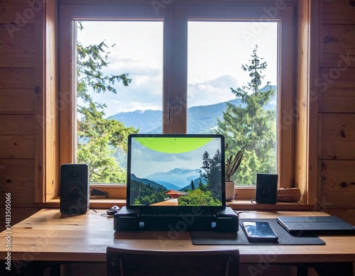 A digital workspace set up in a mountain cabin by a large window – Remote Work & Digital Nomads
