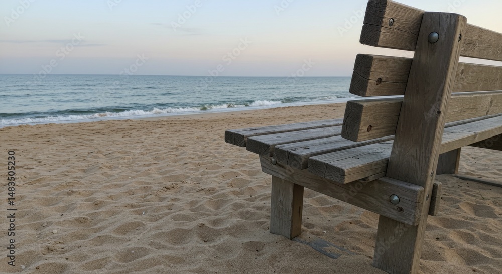 Wooden Bench on Sandy Beach at Dawn Wooden Bench on Sandy Beach at Dawn