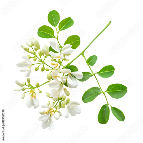 White Moringa Flowers Green Leaves Isolated Black Background