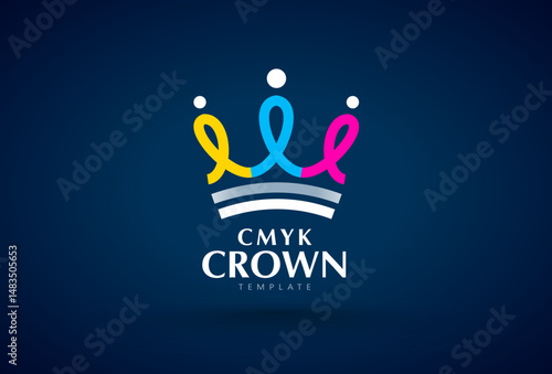 Logo CMYK Print theme. Abstract Crown silhouette and Ink dots. Template design vector. Black background.