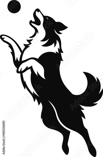 Jumping Border Collie Silhouette, Playful Dog Vector Artwork