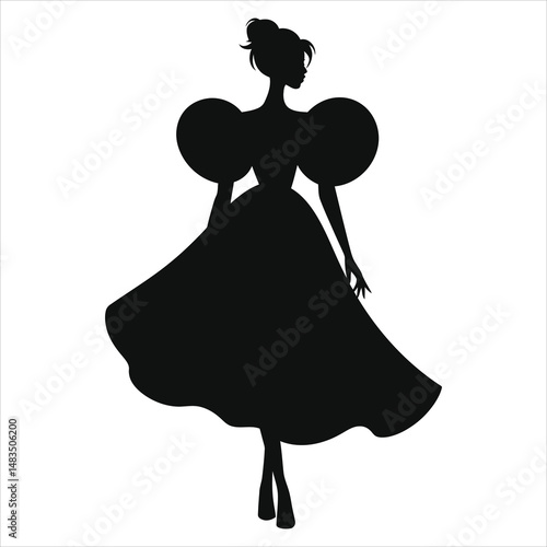 Vector Silhouette of a Woman in a Fashionable (Puffy-sleeved dress )Gown/A sophisticated silhouette of a woman wearing a stylish gown with exaggerated puff sleeves.