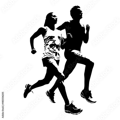 Male and female jogging silhouette isolated on a white background