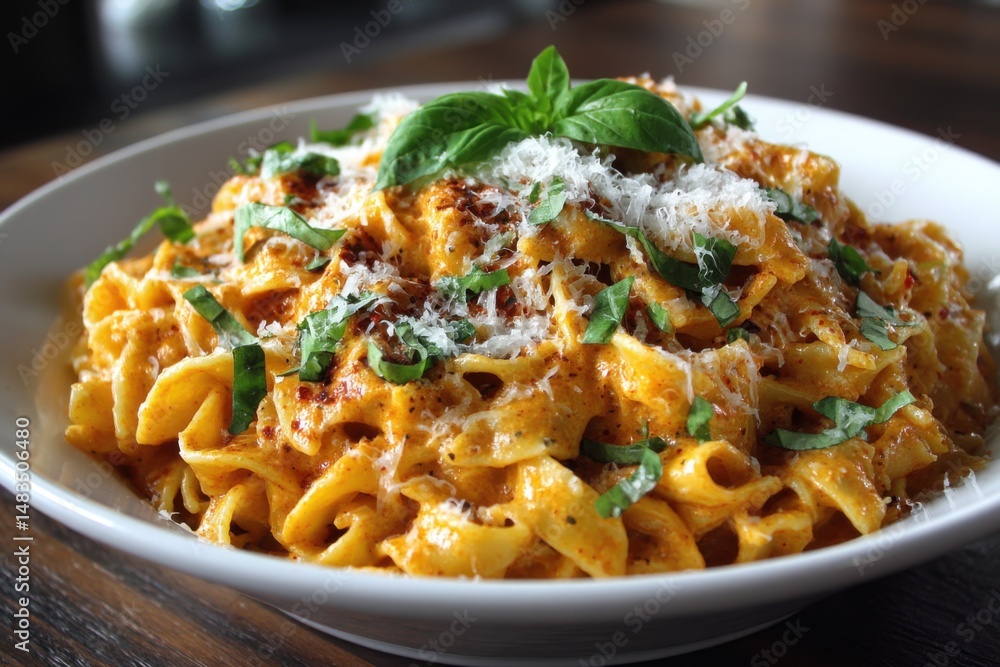 Appetizing dish of pasta in a creamy tomato sauce, topped with basil leaves and grated cheese on a wooden table Appetizing dish of pasta in a creamy tomato sauce, topped with basil leaves and grated cheese on a wooden table