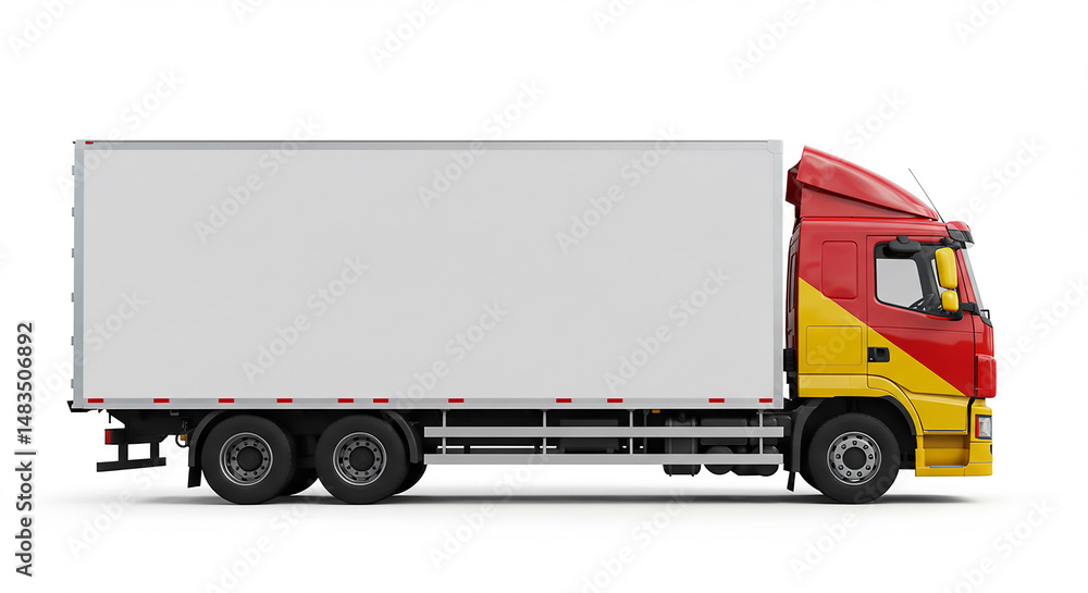 Profile view of a red and yellow semi truck with a white trailer on a white background Profile view of a red and yellow semi truck with a white trailer on a white background