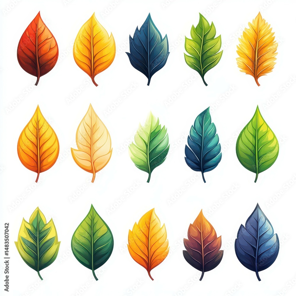 Obraz premium Colorful variety of autumn leaves arranged in a vibrant pattern showcases nature's seasonal transformation