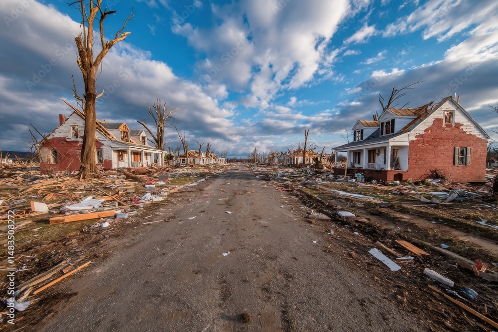 Residential area devastation after severe storm, collapsed roofs and debris strewn across yard with cloudy blue sky above Residential area devastation after severe storm, collapsed roofs and debris strewn across yard with cloudy blue sky above