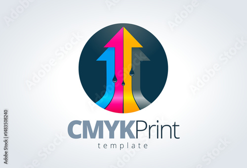 Cmyk Print. Printing Theme Logo. Arrows Actoins Stripes and drops ink. Template design vector. White background