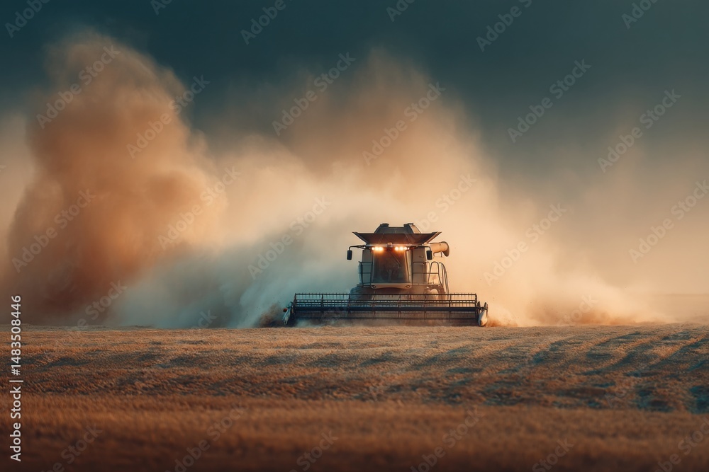 Fototapeta premium Farm Combine Harvester Working in Golden Grain Field with Dust Under Dark Blue Sky for Agriculture Production