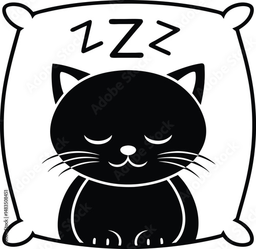 Cute Black Cat Sleeping Soundly on Pillow