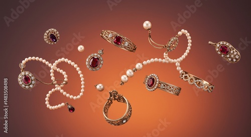 Elegant Gold and Ruby Jewelry with Pearls in Mid-Air