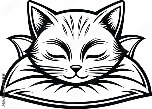 Sleeping Cat Head Illustration Black and White Design