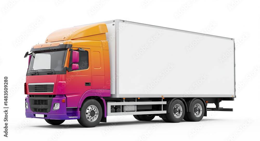 Isolated colorful truck with white trailer on a white background in a studio setting view from the side Isolated colorful truck with white trailer on a white background in a studio setting view from the side
