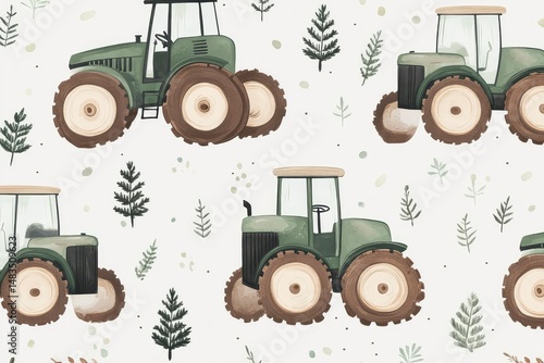 classic farm tractors with rustic details, soft color palette, seamless vector pattern for nursery