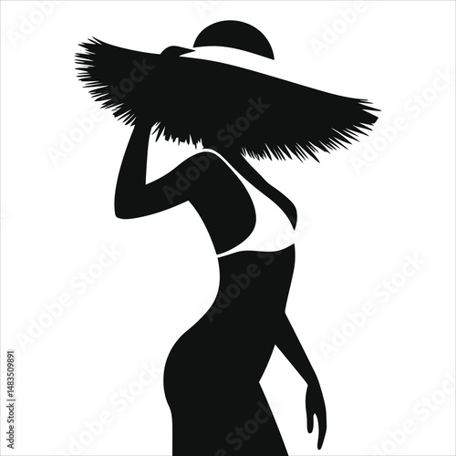 Elegant Woman in a Straw Hat and Swimsuit(Summer beach dress) Vector  Silhouette/A stylish silhouette of a woman wearing a wide-brimmed straw hat and a simple swimsuit.