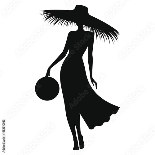 Stylish Woman in a Wide-Brimmed Hat(Summer beach dress) Vector Silhouette/A sophisticated silhouette of a woman wearing a wide-brimmed straw hat and a flowing dress, holding a round purse.