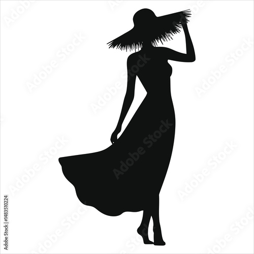 Vector silhouette of a woman wearing a wide-brimmed straw hat( Summer beach dress)./A sophisticated black silhouette of a woman in a flowing dress and large straw hat.