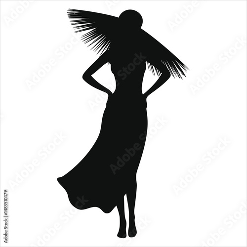 Vector Silhouette of a Woman Wearing( Summer beach dress) a Large Palm Leaf Hat/A striking silhouette of a woman, poised and elegant, wearing a large, wide-brimmed hat fashioned from palm leaves.