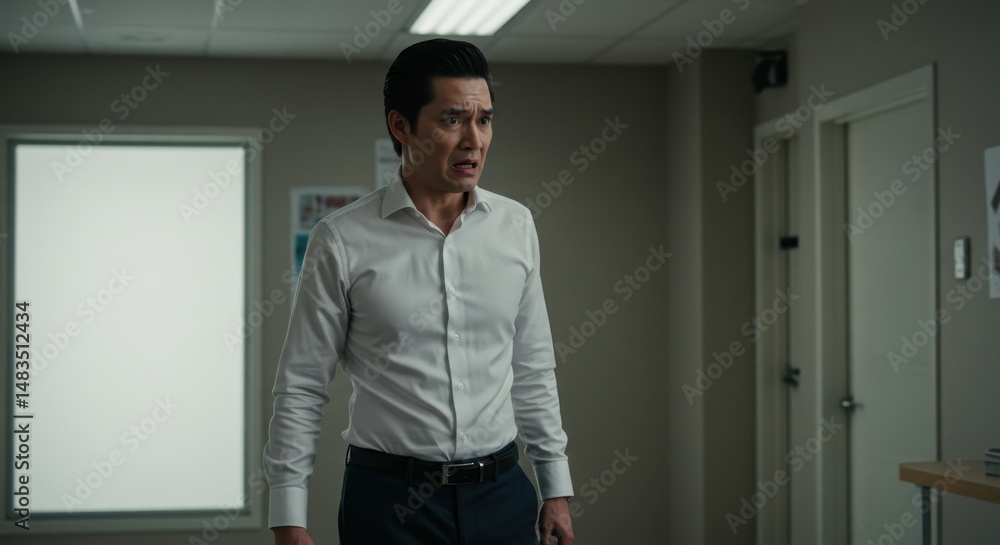 Businessman in a white shirt looking concerned in a modern office setting Businessman in a white shirt looking concerned in a modern office setting