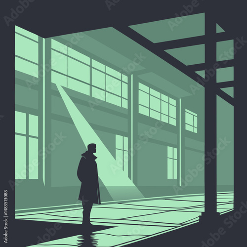 Urban Solitude: A silhouetted figure stands alone in a modern architectural space, illuminated by a single ray of light, evoking a sense of introspection and urban contemplation.