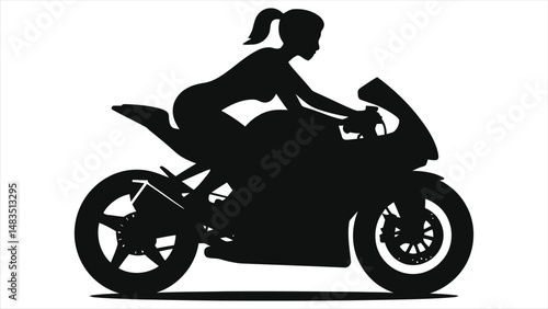 Vector Silhouette of a Woman Riding a Motorcycle/A bold, minimalist silhouette of a woman riding a motorcycle.
