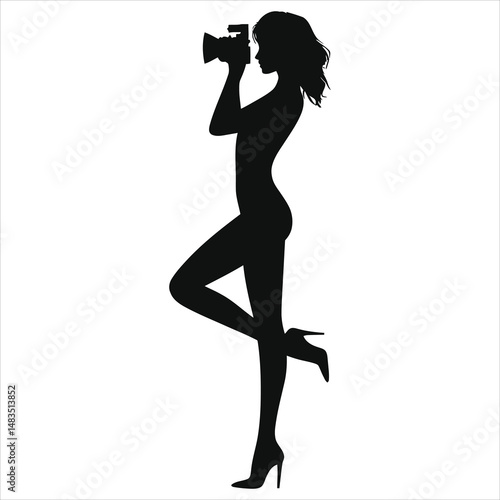 Vector Silhouette of a Woman Taking a Photo/A striking silhouette of a woman taking a photo, perfect for fashion, photography, or lifestyle themes.