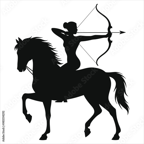 Vector Silhouette of a woman archer on horseback/A bold silhouette of a woman archer astride a horse, poised in the act of aiming.