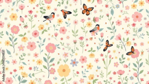 Wallpaper Mural Floral pattern with birds, butterflies, and scattered spring flowers Torontodigital.ca