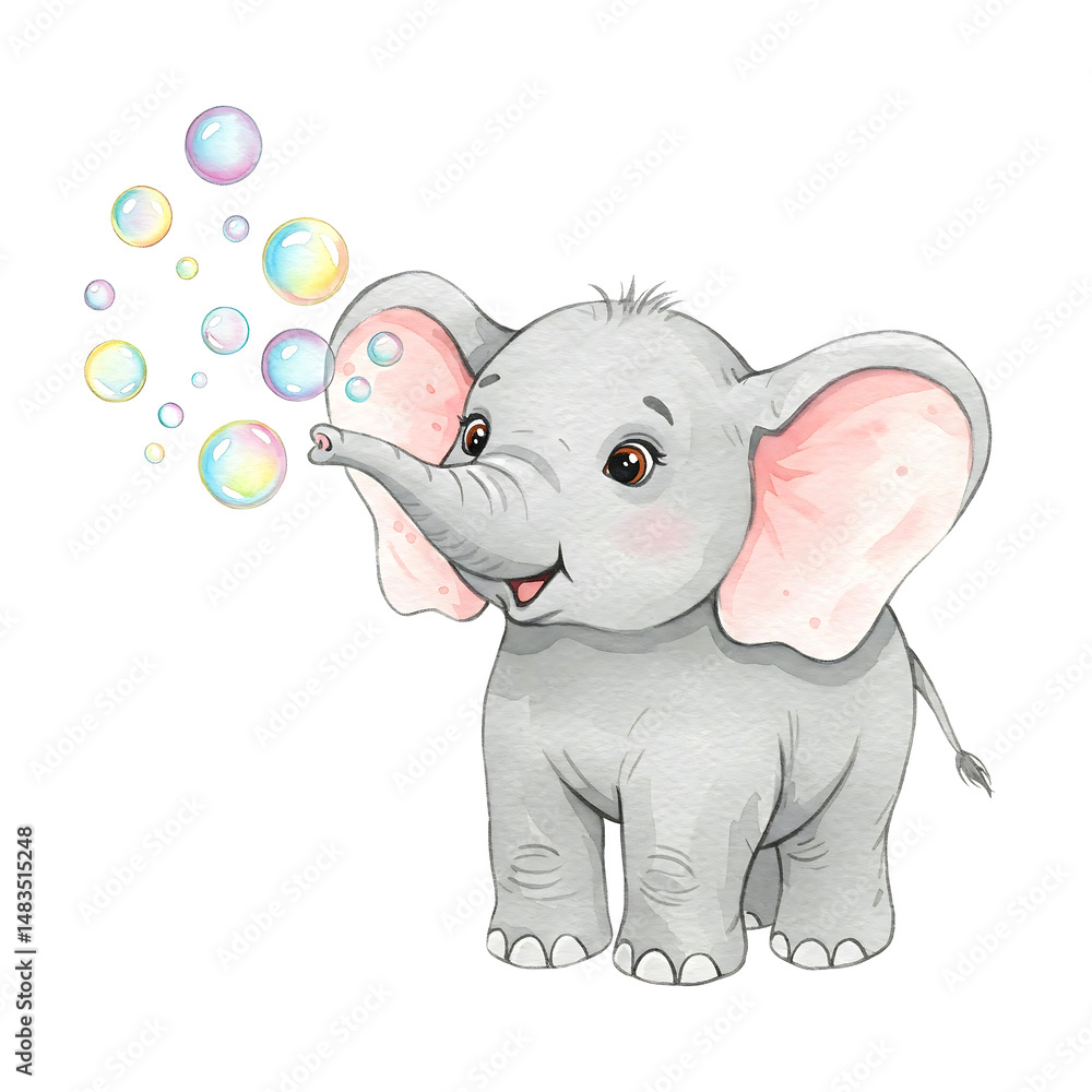 Fototapeta premium Cute Elephant Blowing Bubbles, Watercolor Illustration isolated on white background.