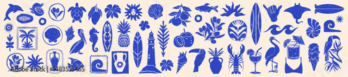 Tropical summer ocean print kit, hand drawn exotic nature silhouette stamp, vintage coastal logo. Sea shore surf travel sticker, Hawaii fruit, plant symbols, postage beach vacation badge. Summer print