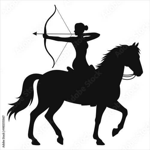 Vector Silhouette of a Woman Archery on Horseback/A striking silhouette of a woman archer astride a horse, poised to shoot an arrow.