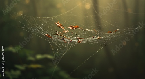 Wallpaper Mural Delicate Spiderweb with Dew Drops and Autumn Leaves in a Forest Torontodigital.ca